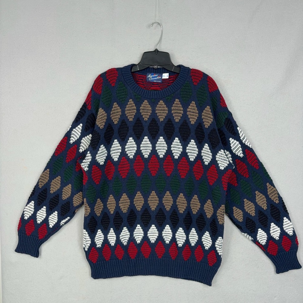 Vintage American Connection Sweater Mens XL Argyle Geometric Knit Pullover USA
